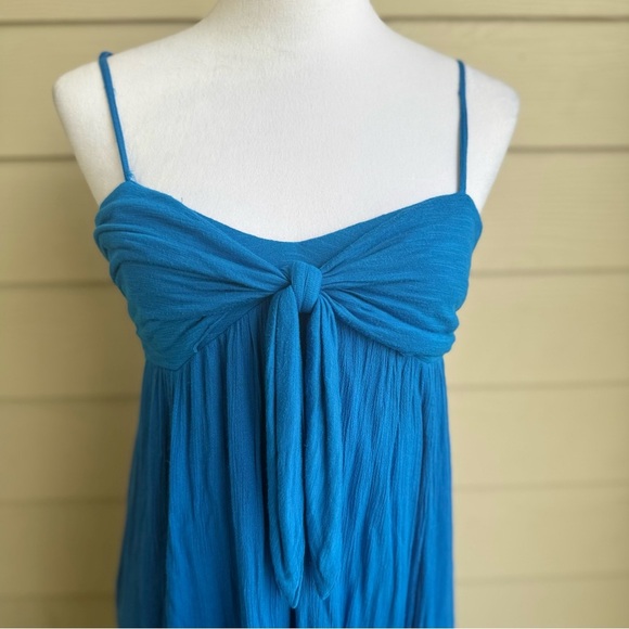 Free People XS Blue Maxi Dress Boho Tie Front Open Back Smocked Bodice - Picture 6 of 10